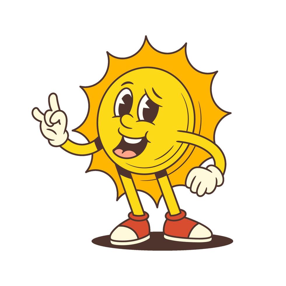 Cheerful Cartoon Sun Mascot Standing and Making Rock Hand Gesture in Retro Style Illustration vector