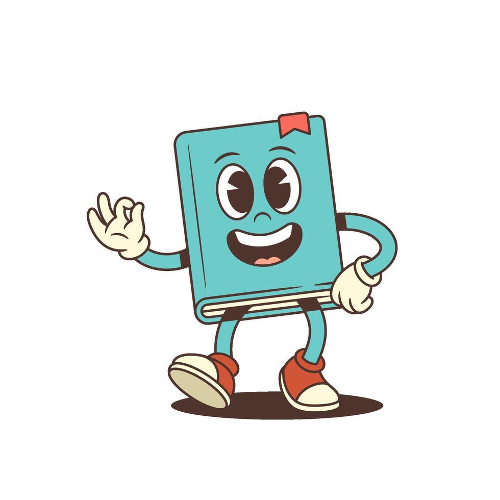 Joyful Cartoon Blue Book Mascot With Red Shoes Smiling And Waving While Walking Illustration vector