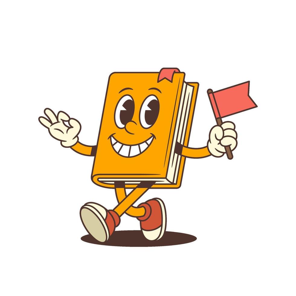 Orange Cartoon Book Mascot Walking With Red Flag Showing OK Hand Sign Cheerful Illustration vector