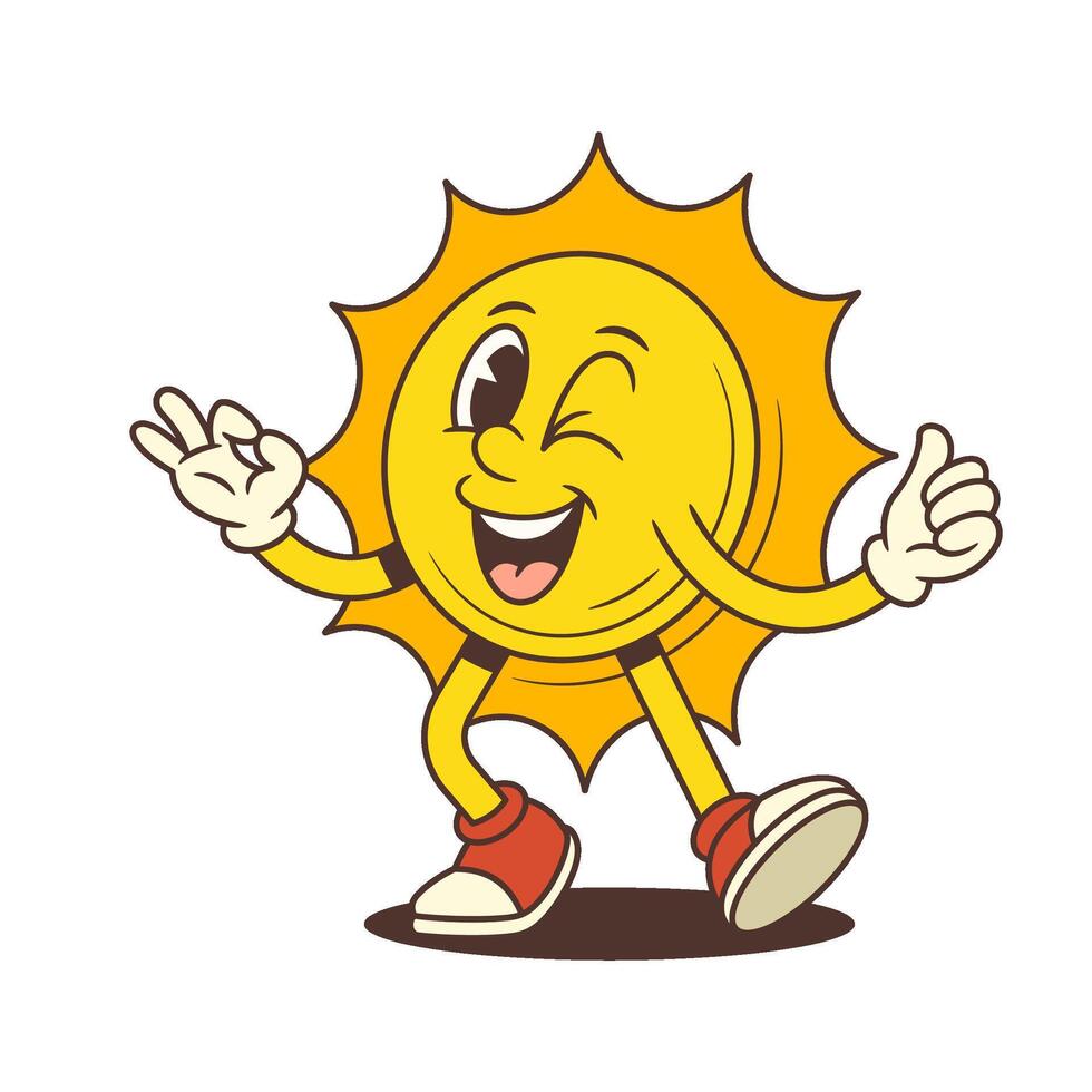 Winking Sun Mascot Dancing Happily with OK Hand Sign in Retro Cartoon Style Illustration vector