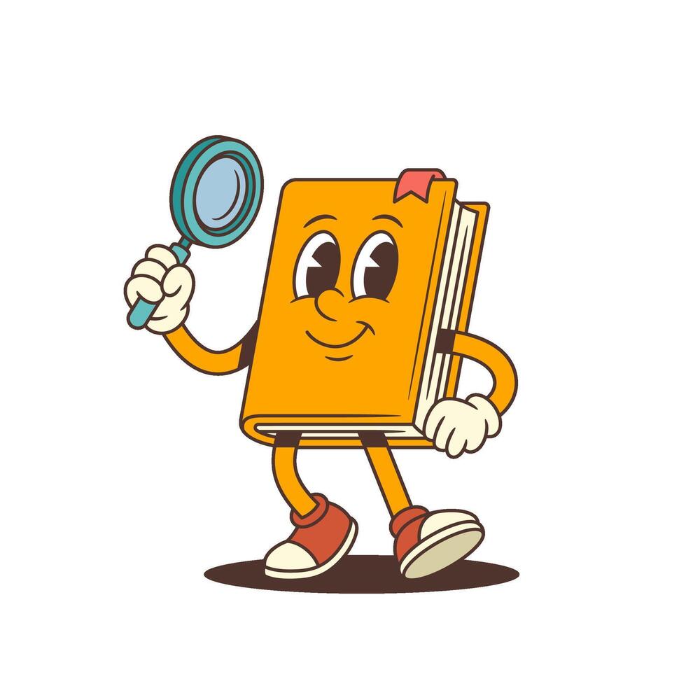 Cartoon Book Character With Magnifying Glass And Red Shoes Smiling Emoji Style Illustration vector