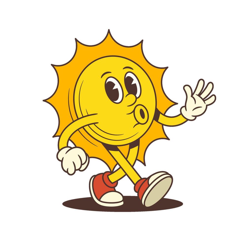 Cheerful Cartoon Sun Mascot Walking Confidently and Whistling in Retro Comic Style Illustration vector