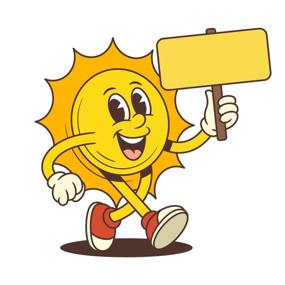 Cartoon Sun Mascot Holding Blank Yellow Sign and Walking with Smile in Retro Style Illustration vector