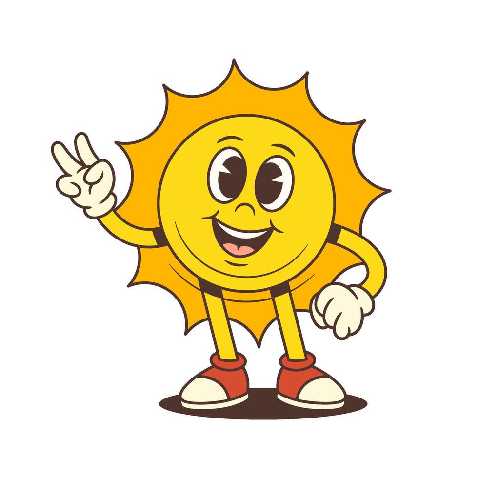 Happy Cartoon Sun Mascot Smiling and Showing Victory Hand Sign in Retro Style Illustration vector