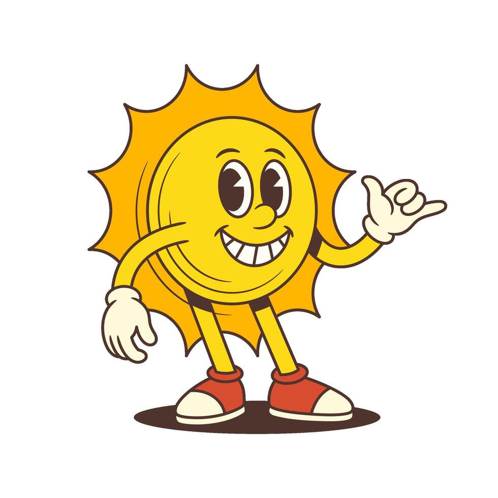 Cartoon Sun Mascot Smiling and Showing Hang Loose Hand Sign in Retro Style Illustration vector