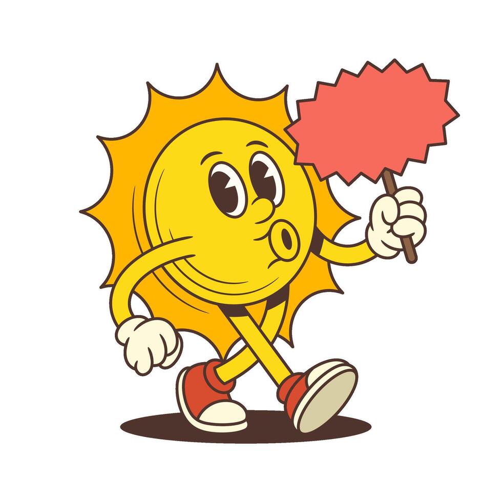 Happy Cartoon Sun Mascot Whistling Walking Holding Empty Red Signboard For Advertising Illustration vector