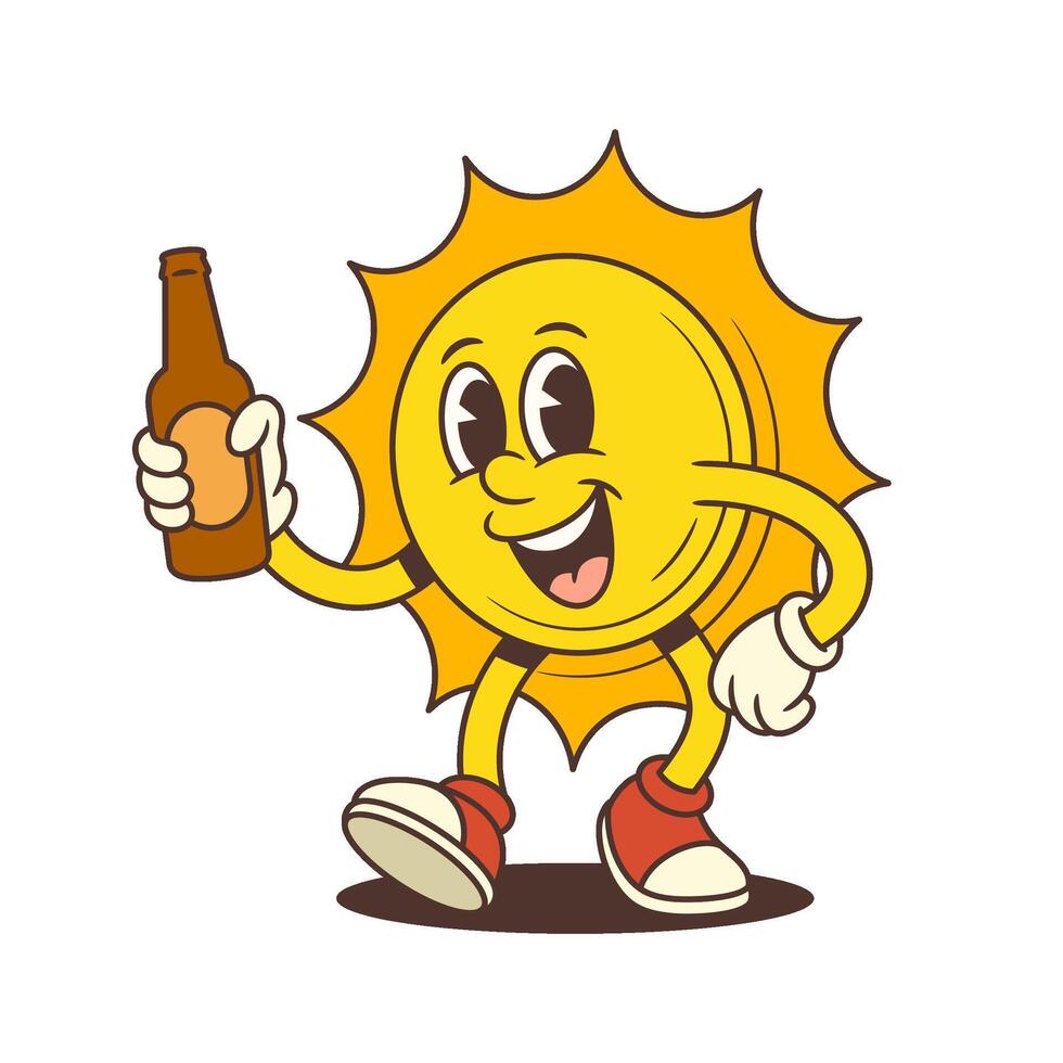 Happy Cartoon Sun Mascot Walking Holding Beer Bottle Wearing Sneakers and Gloves Illustration vector