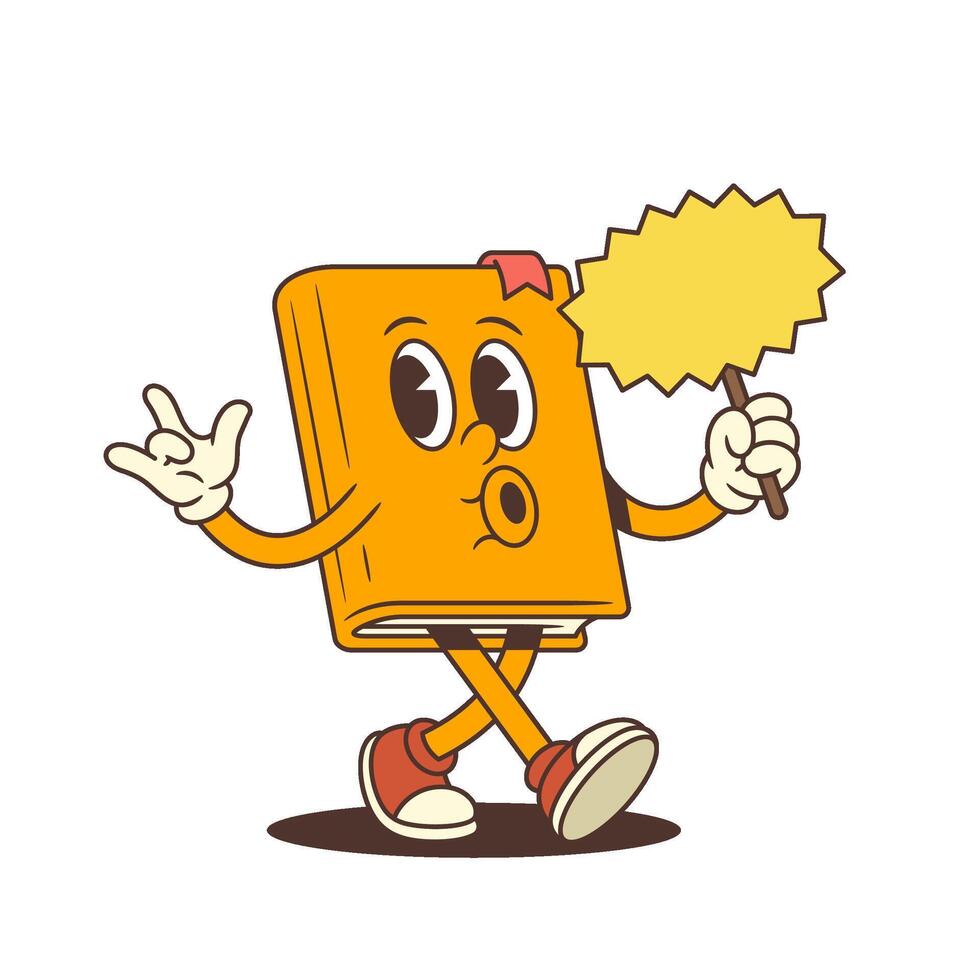 Cheerful Orange Book Cartoon Mascot Walking With Blank Yellow Sign And Whistling Illustration vector