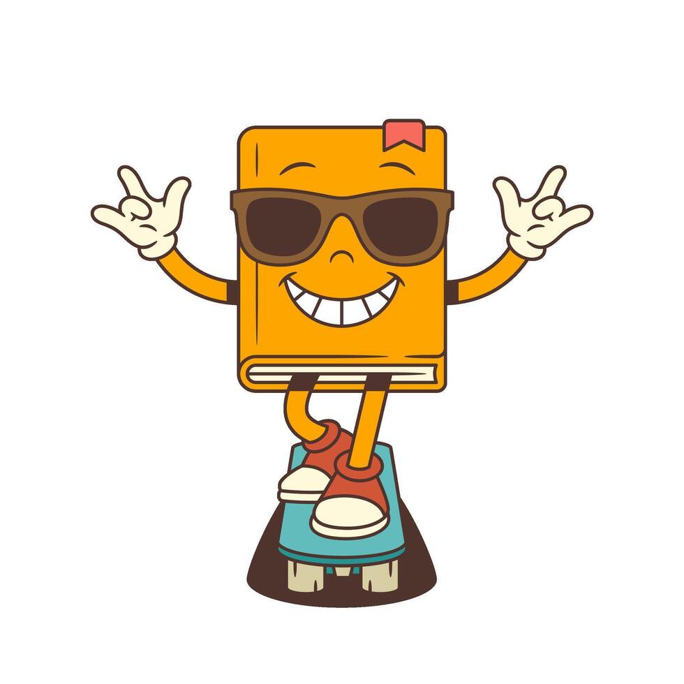 Cool Cartoon Book Mascot Wearing Sunglasses Showing ILY While Riding Skateboard Forward Illustration vector