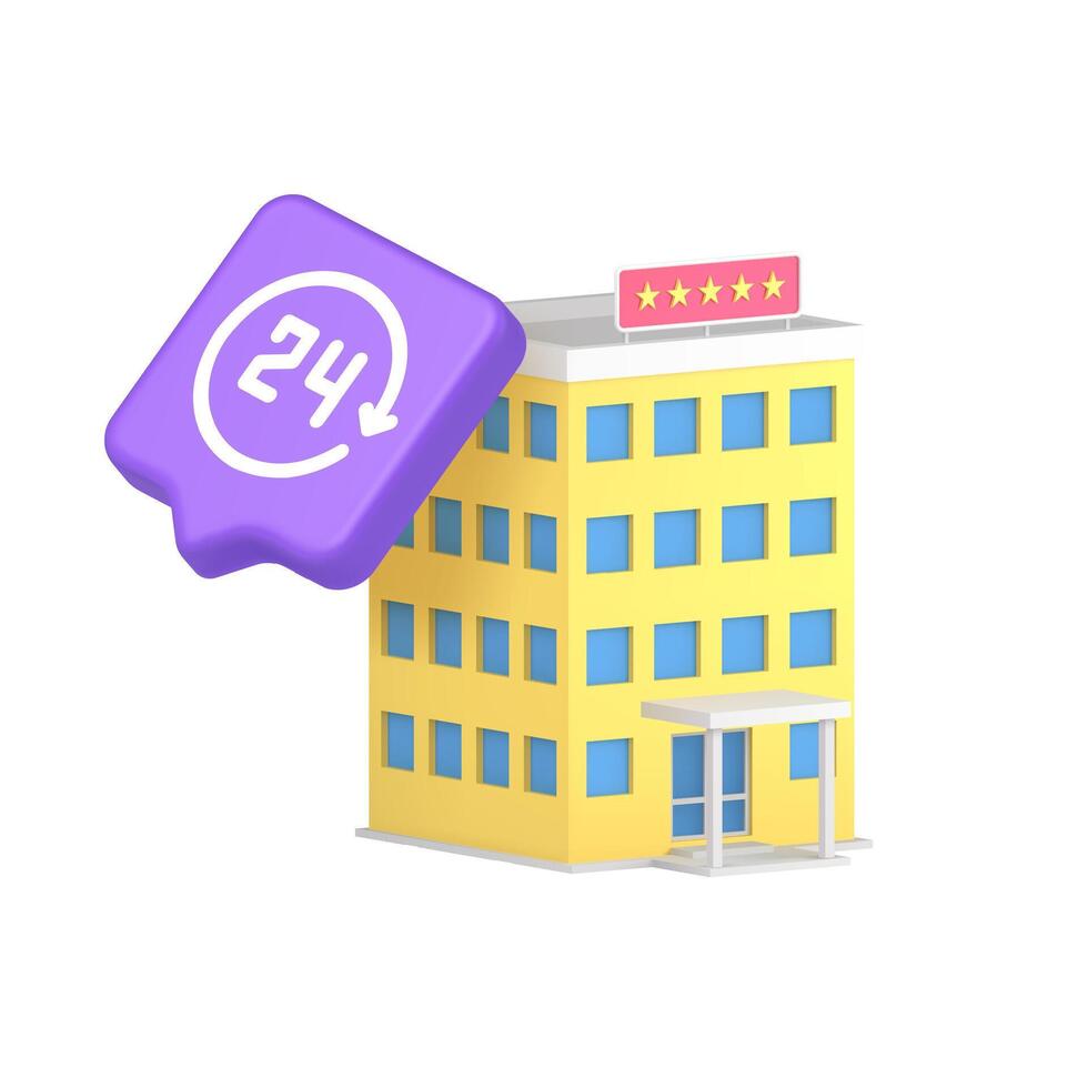 3d Realistic Icon Of Modern Yellow Hotel Building With Stars And 24 Hour Service Button vector