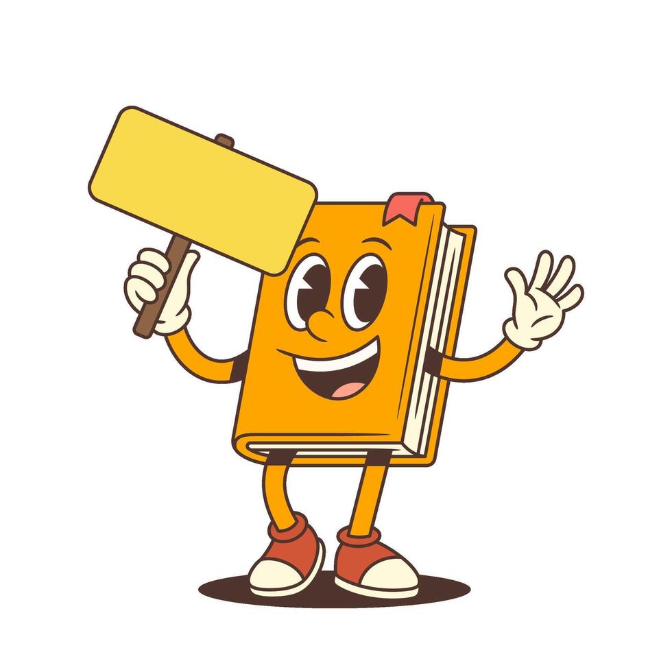 Orange Book Mascot Holding Yellow Sign And Joyfully Waving Hands With Happy Face Illustration vector