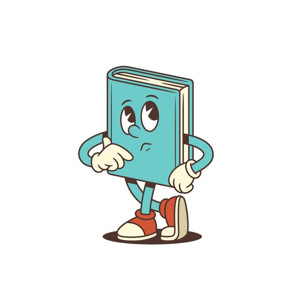 Blue Cartoon Book Mascot Thinking Deeply With Chin Resting And Eyes Looking Up Illustration vector
