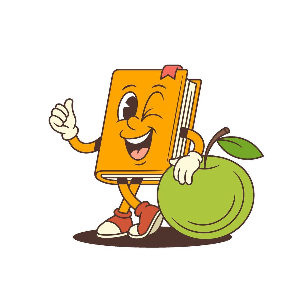 Orange Cartoon Book Mascot Winking Showing Thumbs Up Leaning On Large Green Apple Illustration vector