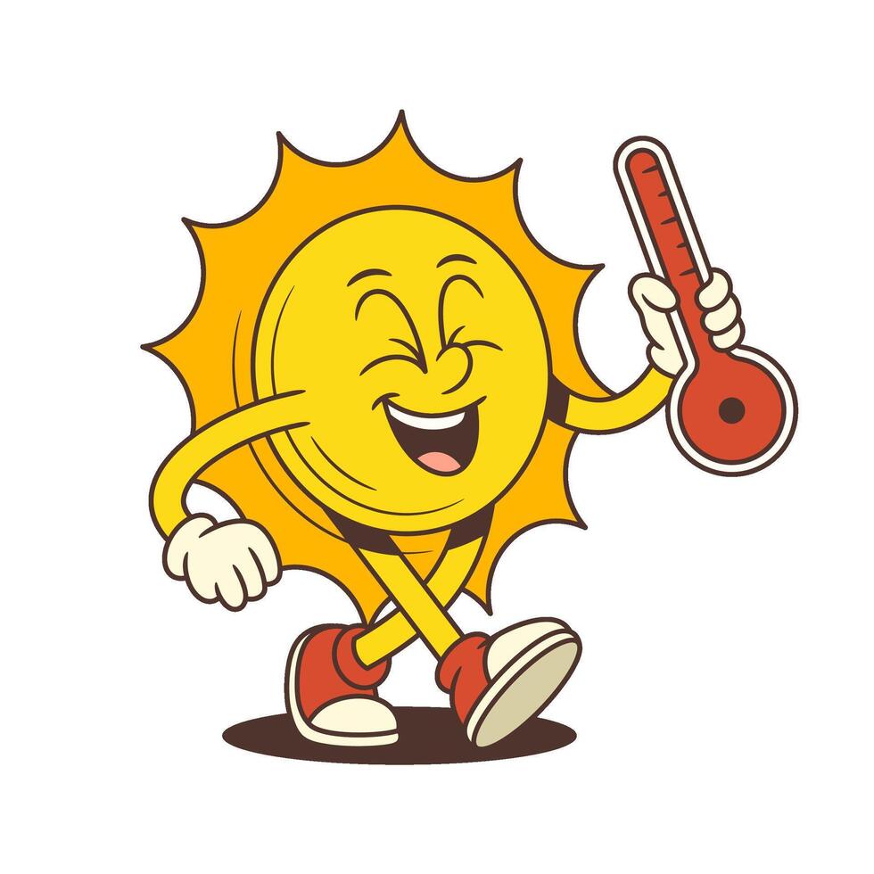 Cheerful Retro Sun Character Holding Thermometer in Hot Summer Mood Illustration vector