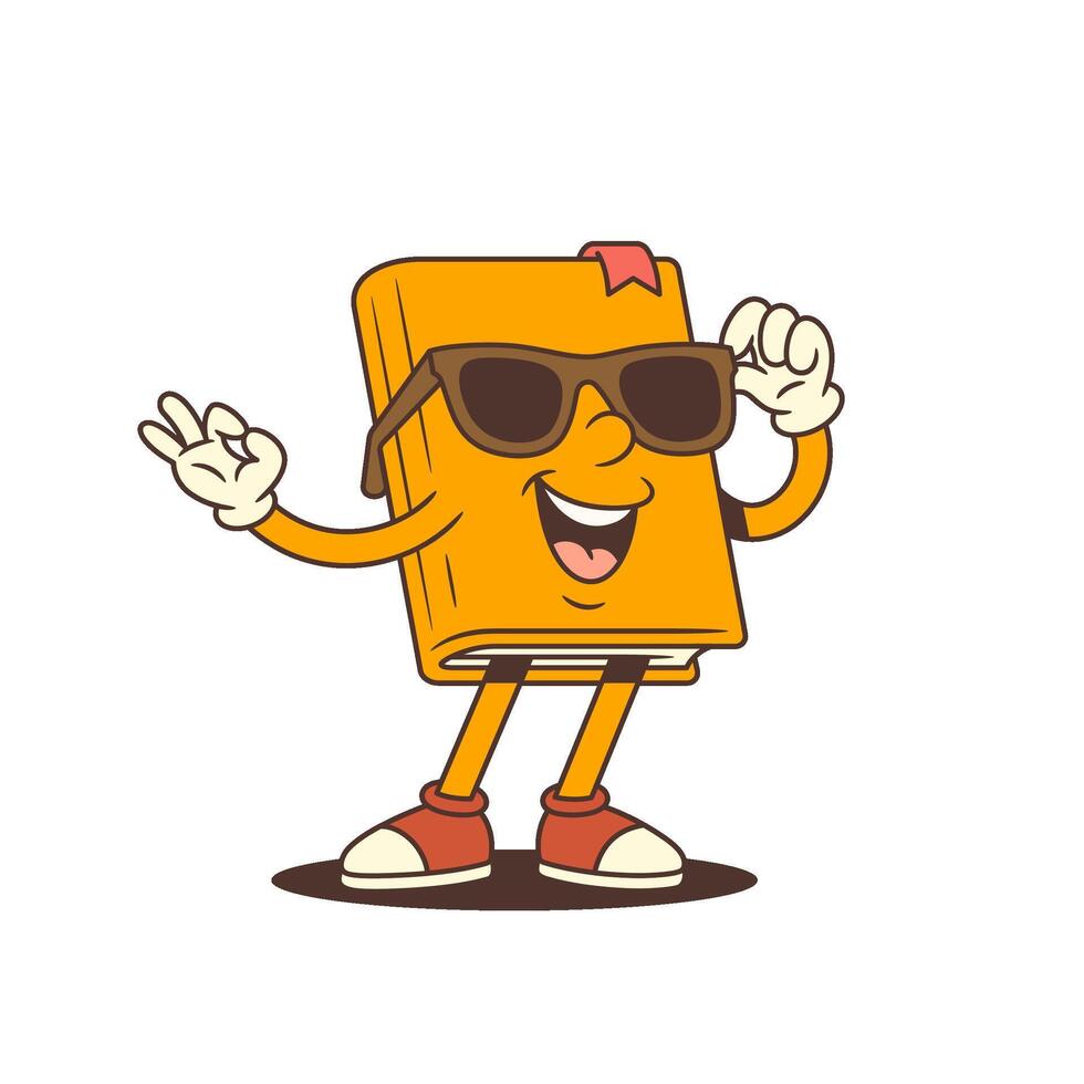 Cool Orange Cartoon Book Character Adjusting Sunglasses And Showing OK Hand Sign Illustration vector