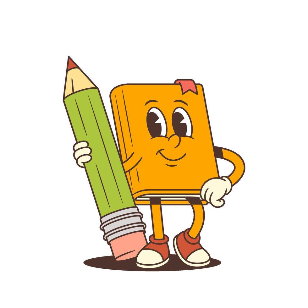 Smiling Cartoon Orange Book Mascot Standing Next To Big Green Pencil With Happy Expression vector