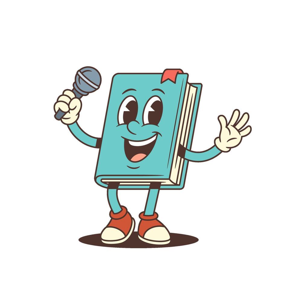 Blue Cartoon Book Mascot Smiling With Open Arms Holding Microphone Cheerfully Illustration vector