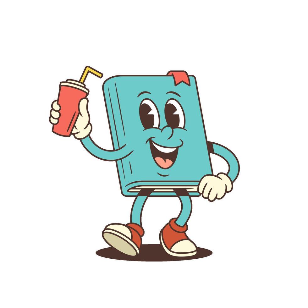 Blue Cartoon Book Mascot With Red Bookmark And Sneakers Holding Red Lemonade Cup With Straw vector
