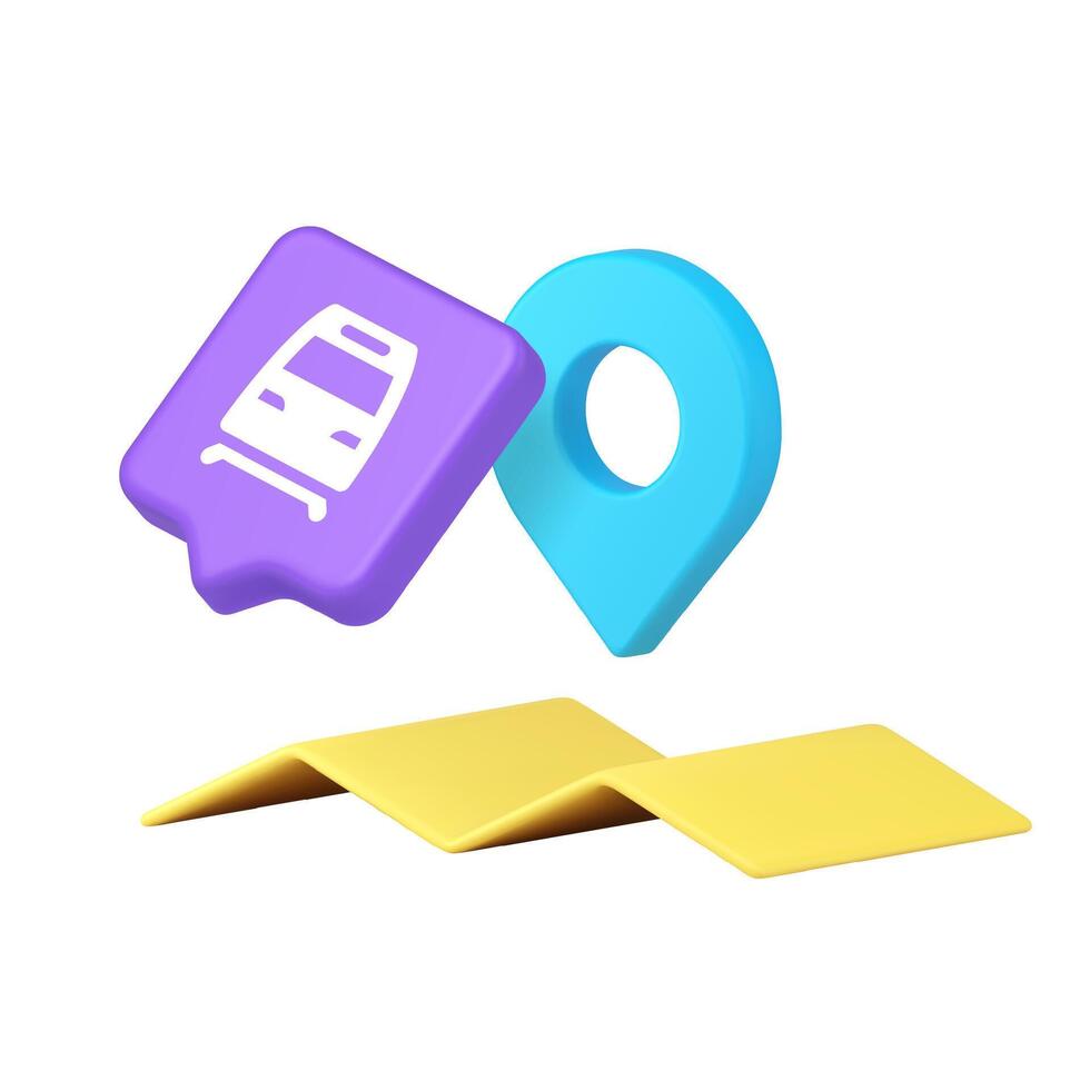3d Realistic Icon With Railway Station And Yellow Map With Location Pin For Travel And Navigation vector