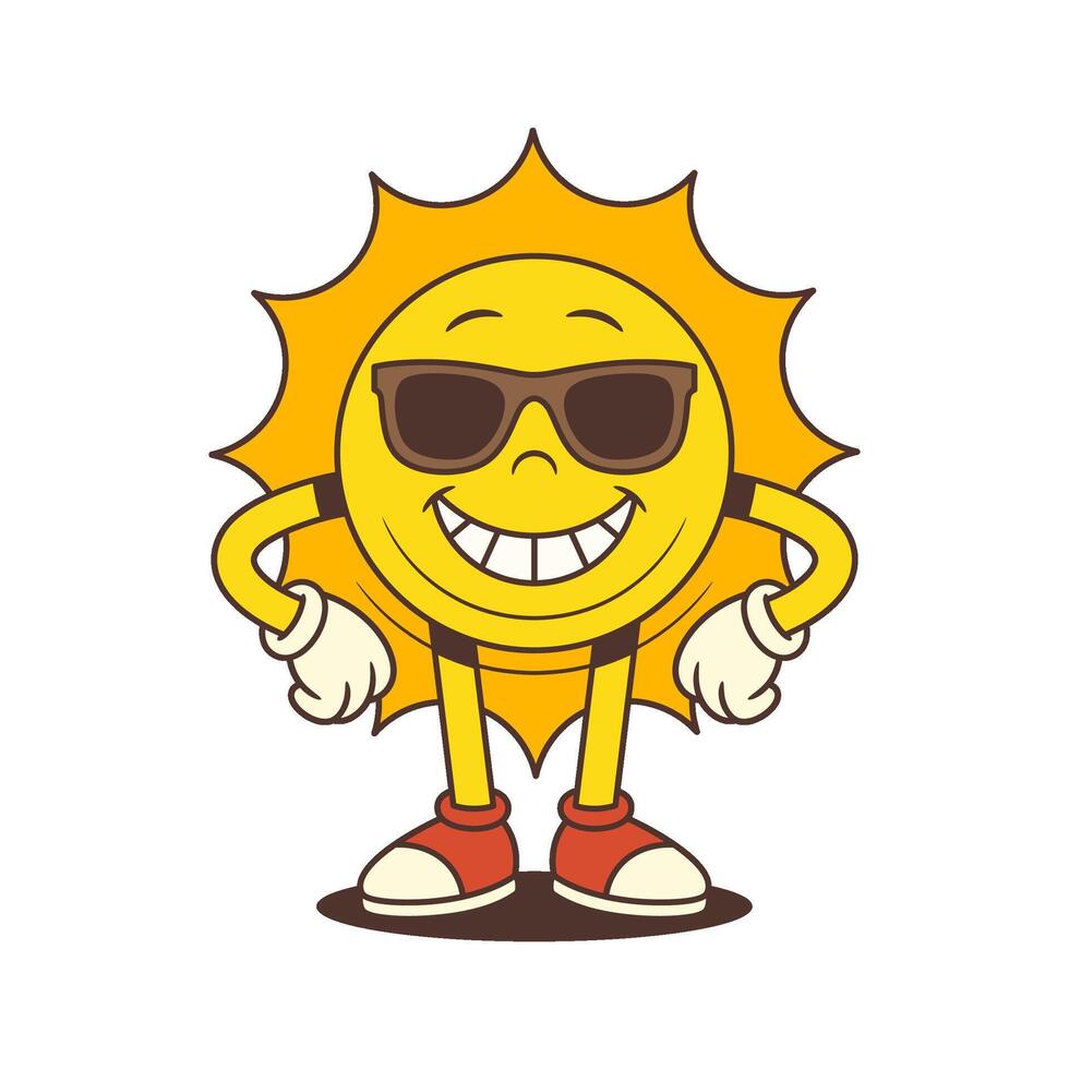 Confident Sun Mascot in Sunglasses Standing with Hands on Hips in Retro Style Illustration vector