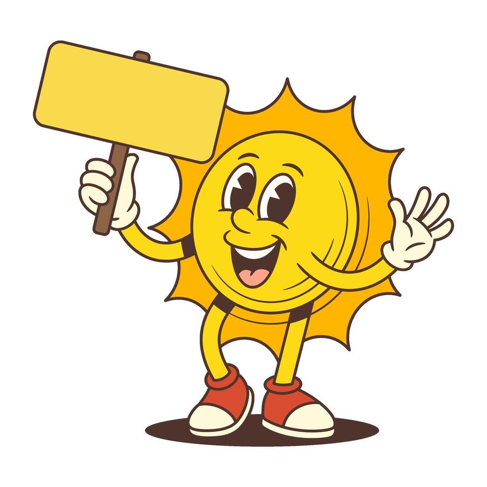 Smiling Cartoon Sun Mascot Holding Blank Yellow Sign and Waving Hand in Retro Style Illustration vector