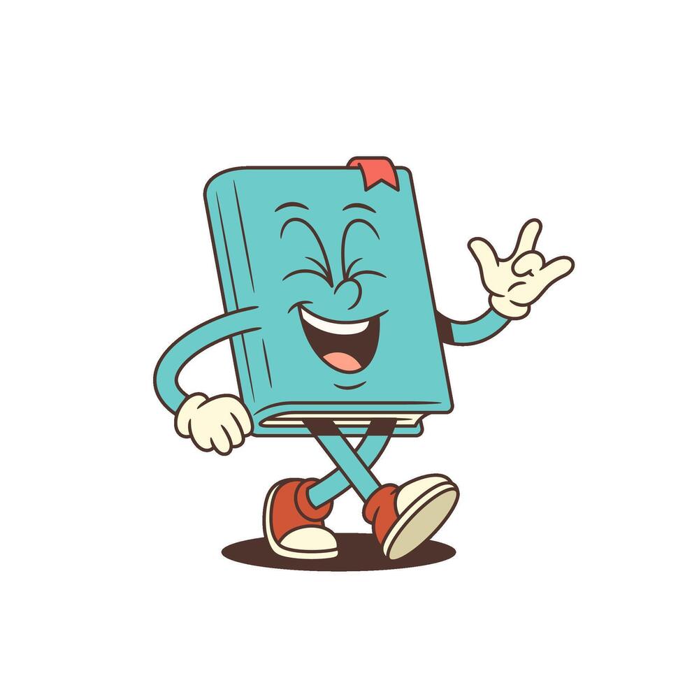 Blue Cartoon Book Mascot Laughing With Closed Eyes Making ILY Gesture While Walking Illustration vector
