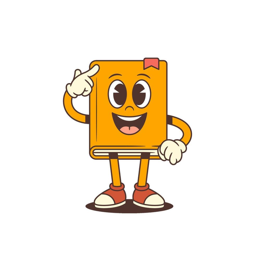 Orange Cartoon Book Mascot Pointing Finger To Head Showing Intelligence And Knowledge Illustration vector