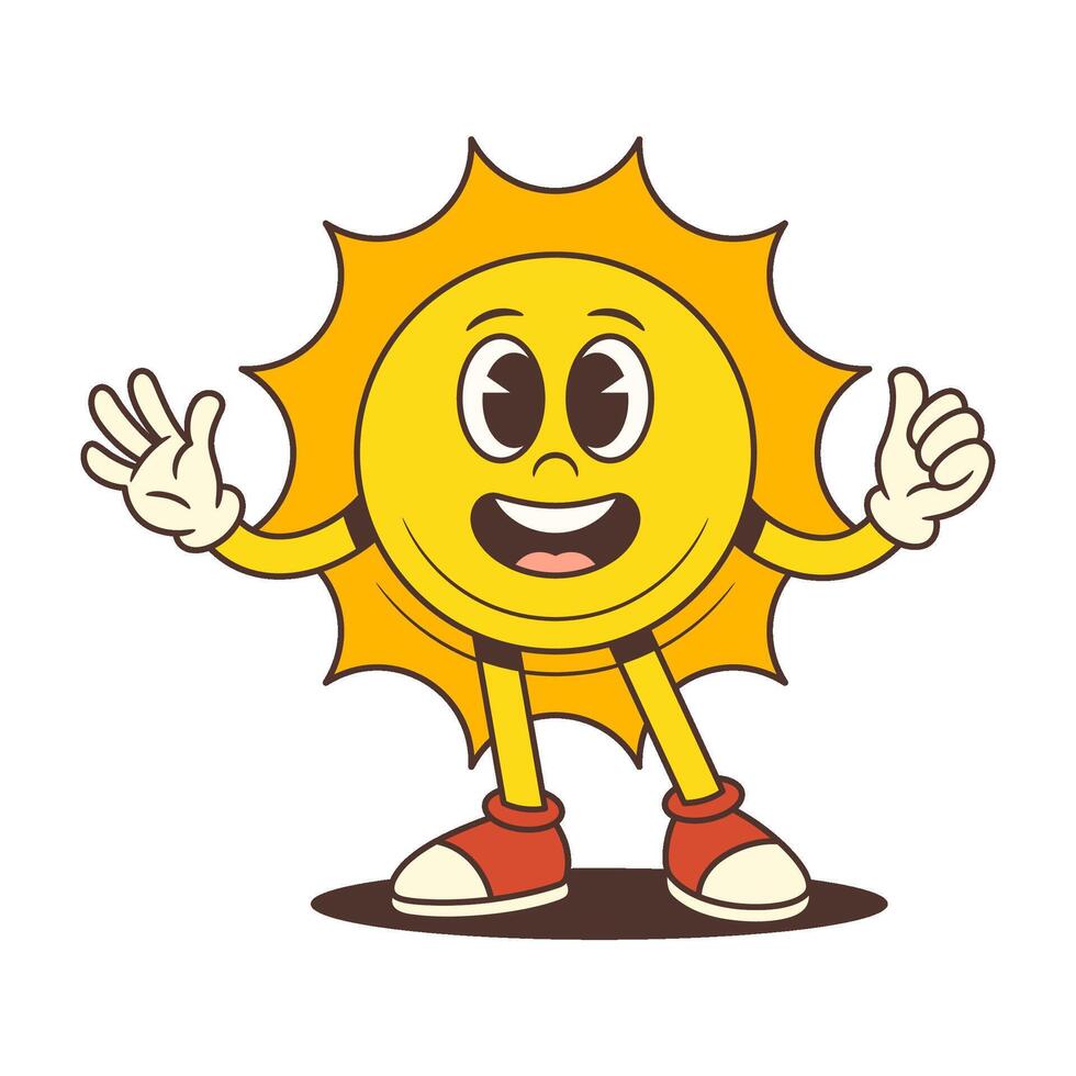 Cheerful Vintage Cartoon Sun Mascot Smiling Waving Showing Thumbs Up Illustration vector