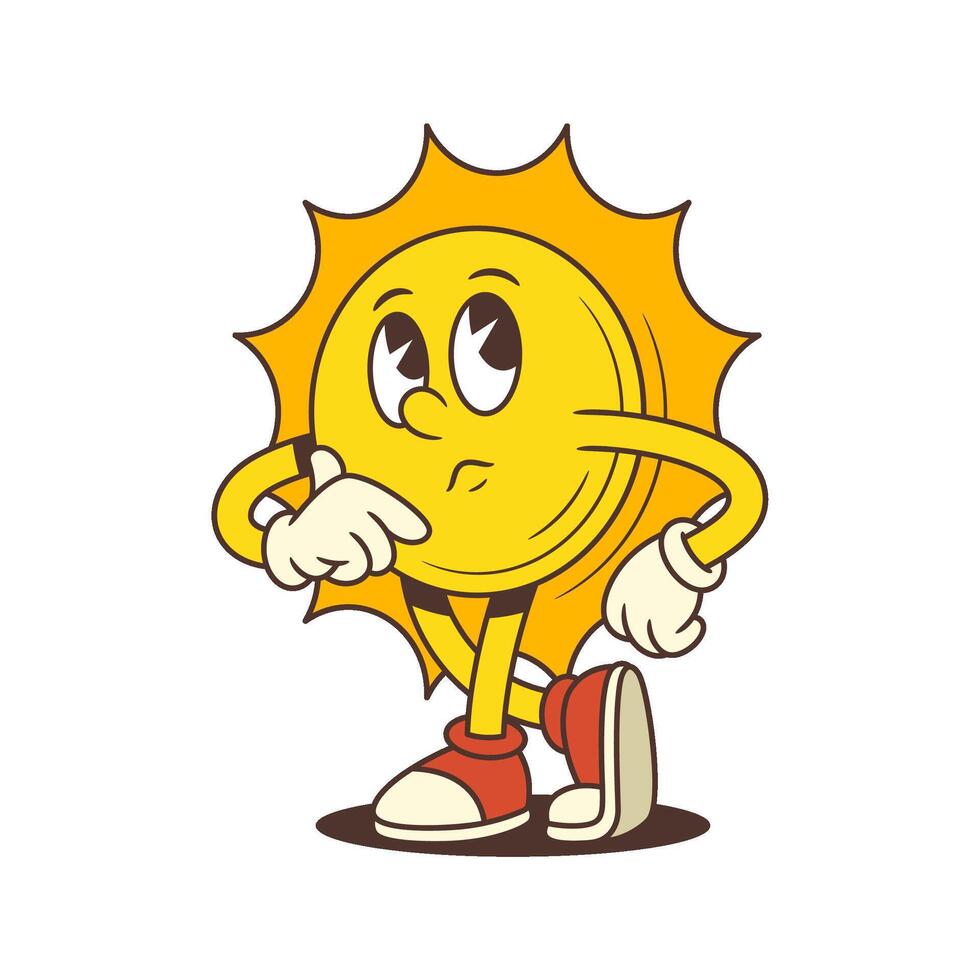 Playful Cartoon Sun Character Thinking with Hand on Chin Looking Up Illustration vector