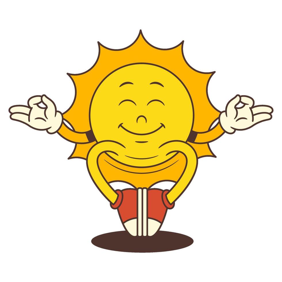 Peaceful Vintage Cartoon Sun Mascot Meditating With Closed Eyes Illustration vector