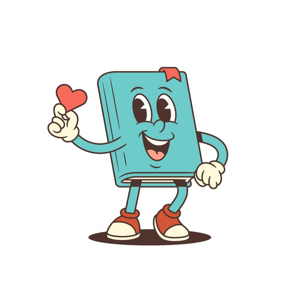 Blue Cartoon Book Mascot With Red Sneakers Holding Small Heart And Smiling Illustration vector