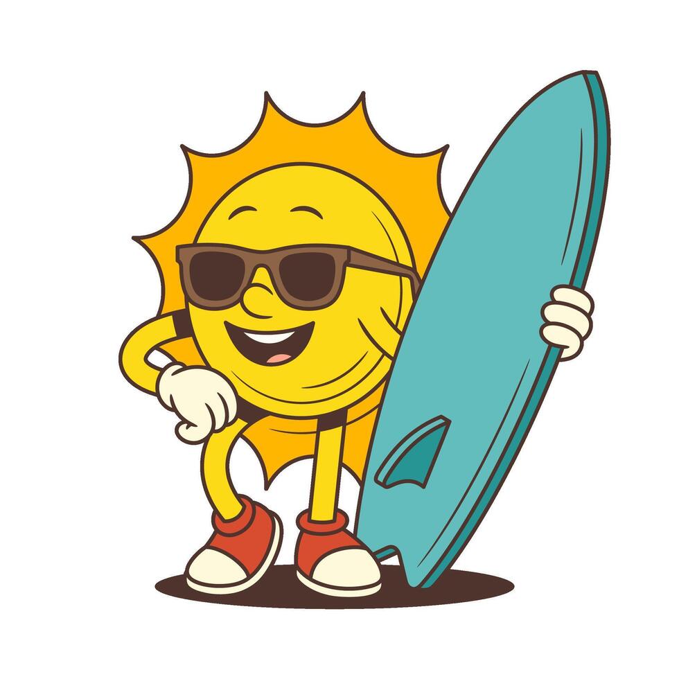 Confident Vintage Cartoon Sun Mascot Wearing Sunglasses Holding Surfboard Illustration vector