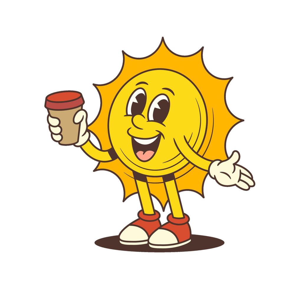 Cheerful Cartoon Sun Mascot Holding Coffee Cup and Smiling in Retro Style Illustration vector