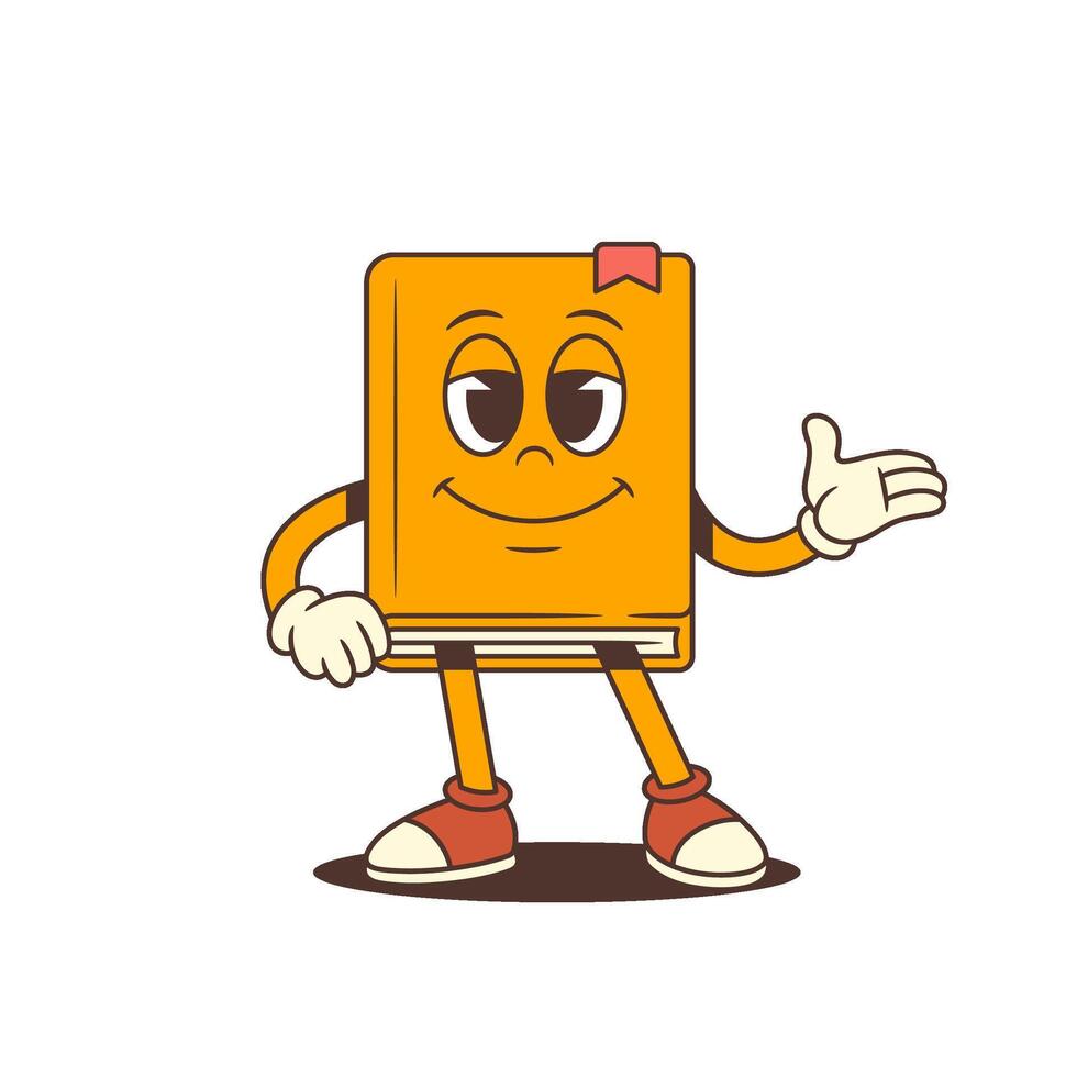 Smiling Orange Cartoon Book Mascot Making Friendly Hand Gesture With Relaxed Expression Illustration vector