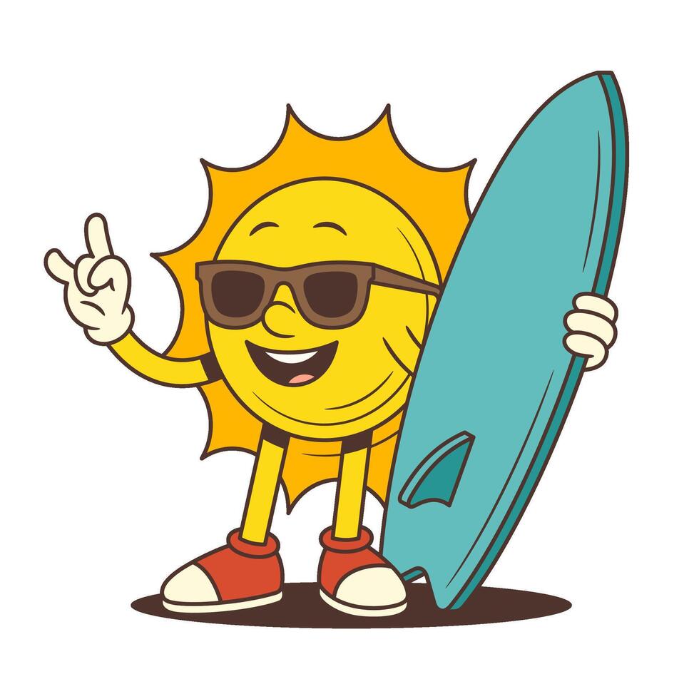 Cool Cartoon Sun Character with Surfboard and Rock Gesture in Retro Style Illustration vector