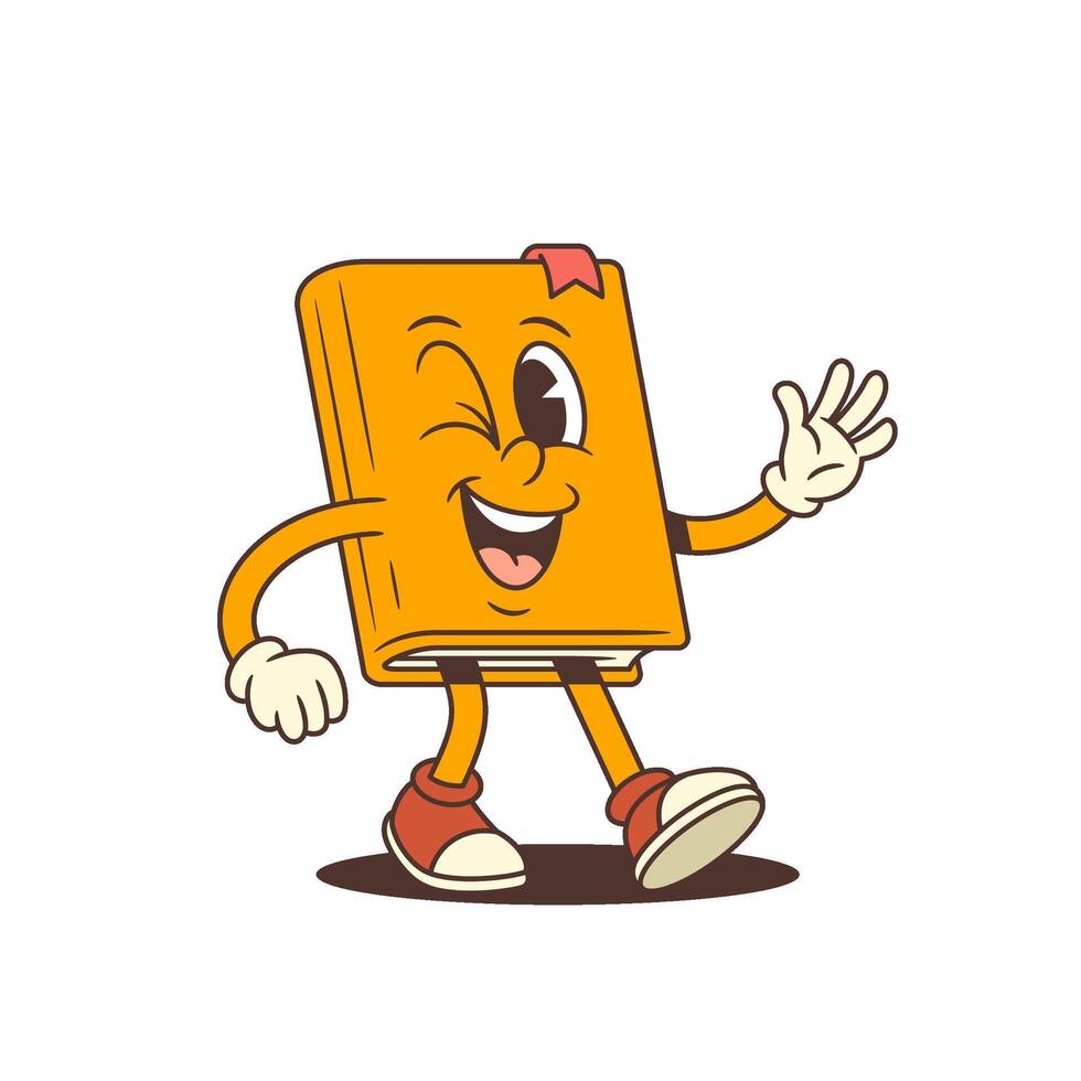 Funny Orange Book Mascot Winking While Walking And Waving With Cheerful Expression Illustration vector