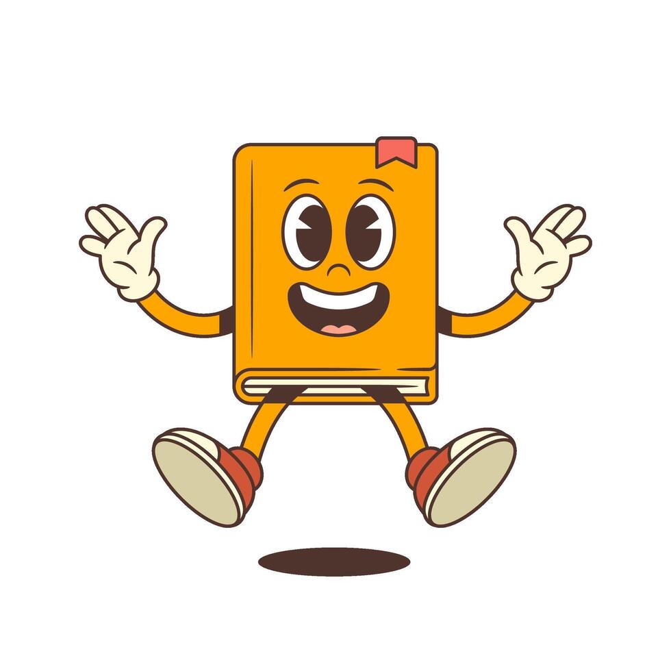 Orange Cartoon Book Mascot Jumping Happily With Raised Hands And Cheerful Expression Illustration vector