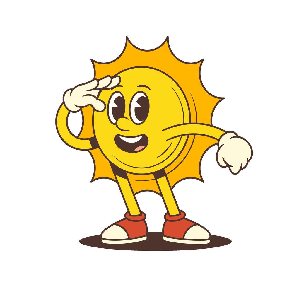 Cheerful Vintage Cartoon Sun Mascot Searching Ahead With Hand As Visor Illustration vector