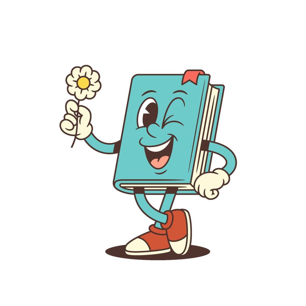 Blue Cartoon Book Mascot Winking And Holding Daisy With Happy Face Illustration vector