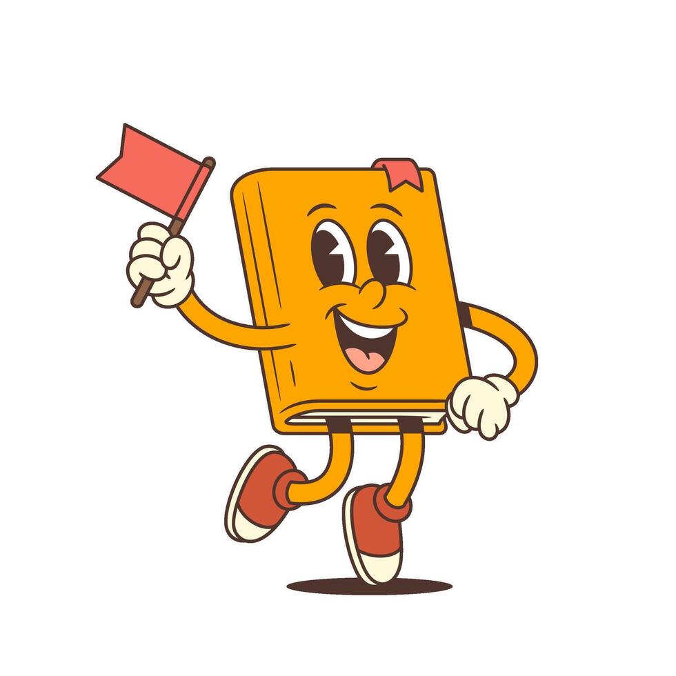 Cheerful Orange Cartoon Book Mascot Jumping With Red Flag Happy Emotion Character Illustration vector