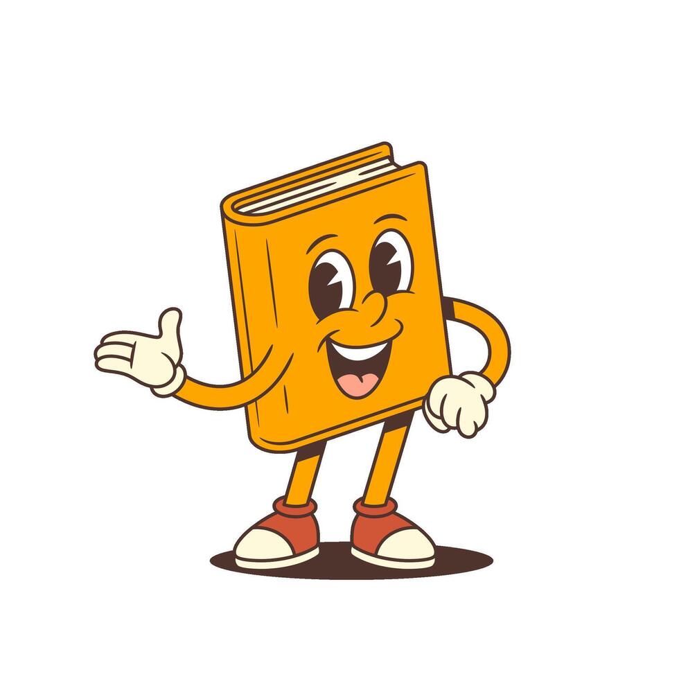 Orange Cartoon Book Mascot Joyfully Telling Story Gesturing With Hand Friendly Expression vector