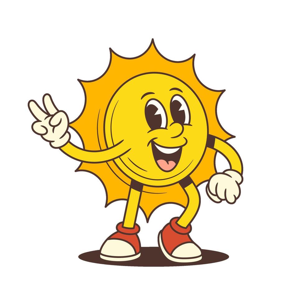 Joyful Cartoon Sun Mascot Smiling And Showing Victory Gesture With Sneakers And Gloves Illustration vector