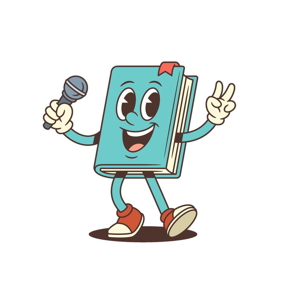 Cheerful Blue Book Character Holding Microphone And Showing Victory Hand Sign Illustration vector