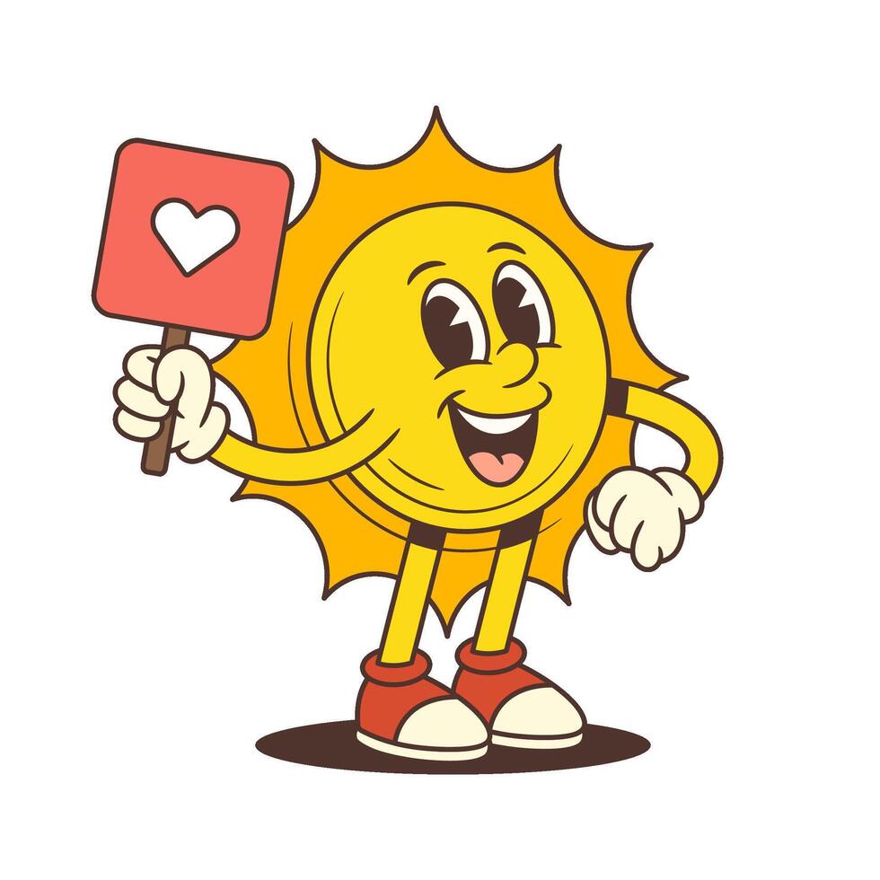 Happy Cartoon Sun Mascot Holding Red Heart Sign Friendly Gesture for Social Media Illustration vector