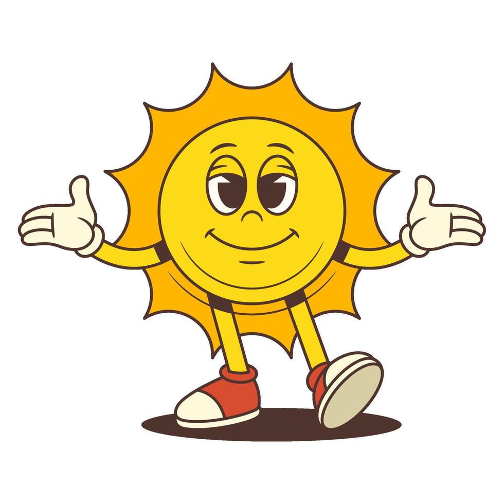 Smiling Cartoon Sun Mascot with Open Arms Walking in Vintage Style Illustration vector