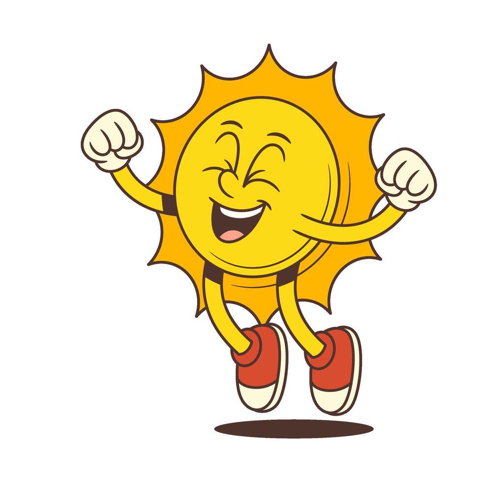 Happy Cartoon Sun Mascot Jumping with Raised Hands and Eyes Closed in Retro Style Illustration vector