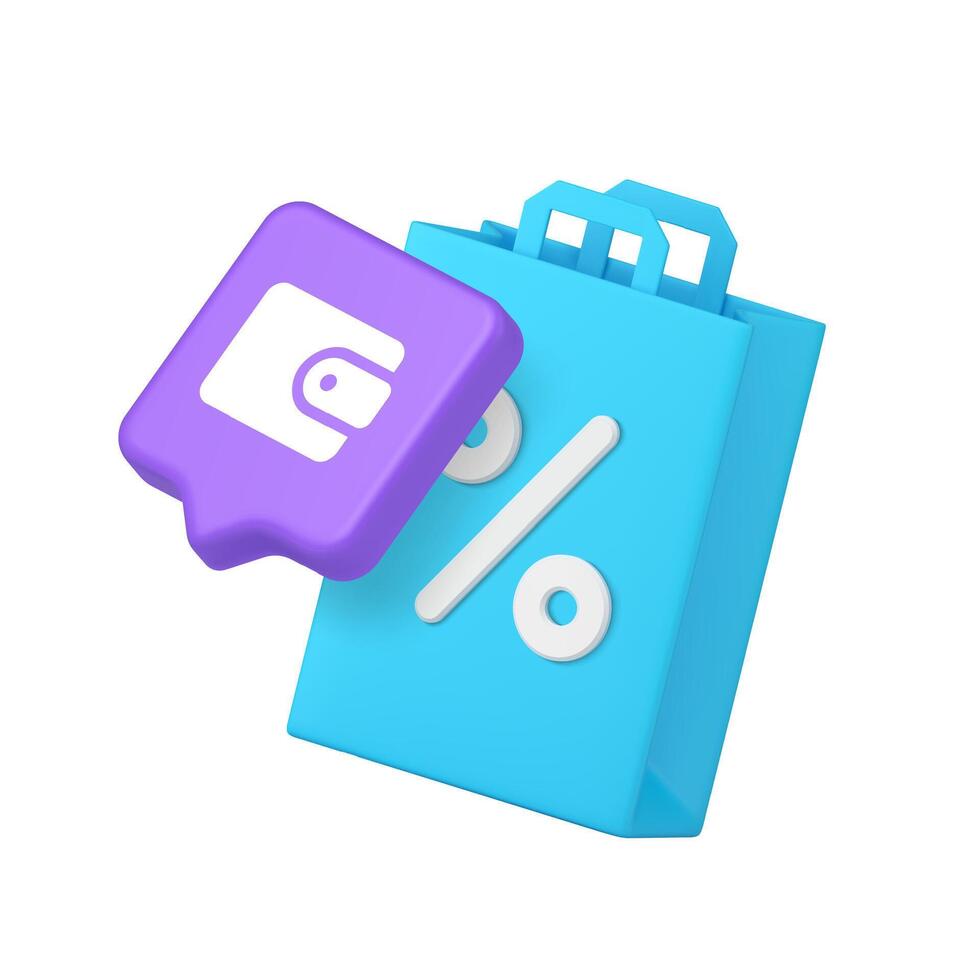 3d Icon Realistic Illustration Of Shopping Bag With Discount Symbol And Wallet Sign vector