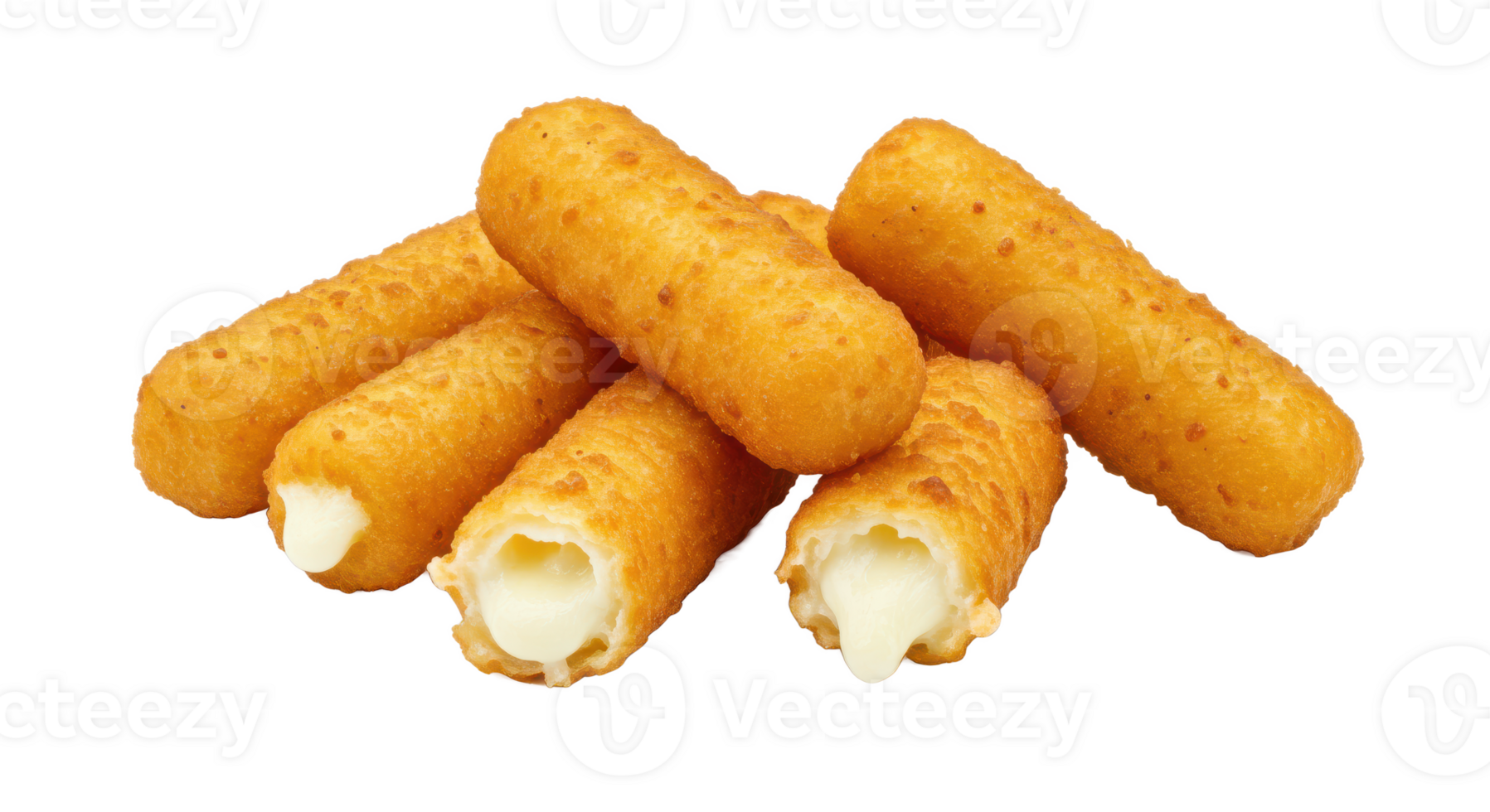 A close up of several fried mozzarella sticks stacked together on a transparent background image view png