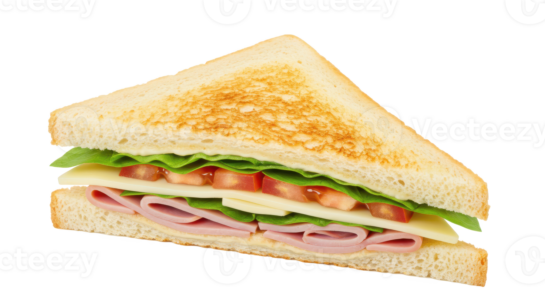 A close up shot of a triangular sandwich with lettuce tomato ham and cheese on white bread slices laid flat png