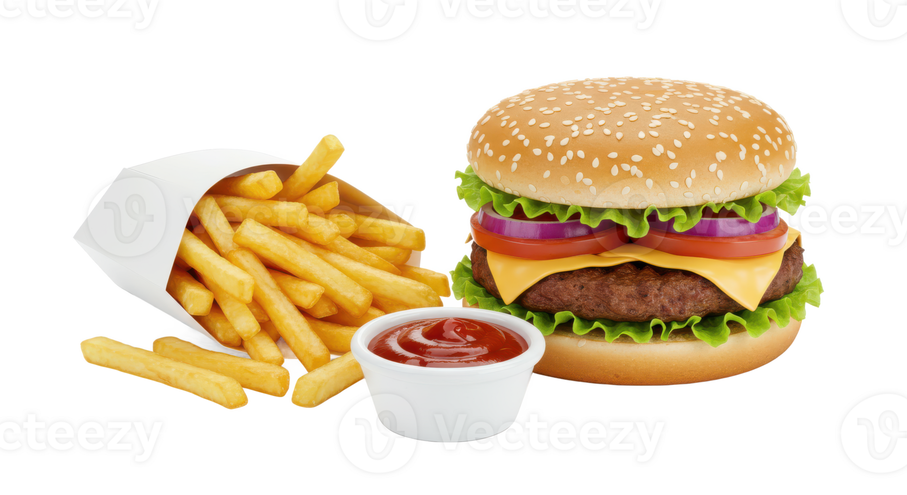 A delicious burger with fries and ketchup arranged on a surface ready to be enjoyed as a meal png